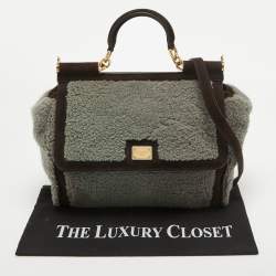 Pre Owned Dolce & Gabbana Brown/Grey Suede and Shearling Large Miss Sicily Top Handle Bag