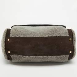 Pre Owned Dolce & Gabbana Brown/Grey Suede and Shearling Large Miss Sicily Top Handle Bag