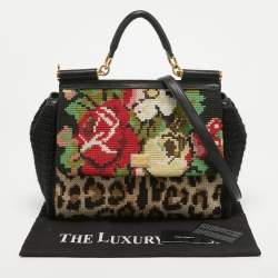 Pre Owned Dolce & Gabbana Multicolor Embroidered Crochet and Leather Large Miss Sicily Top Handle Bag