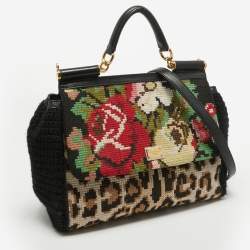 Pre Owned Dolce & Gabbana Multicolor Embroidered Crochet and Leather Large Miss Sicily Top Handle Bag