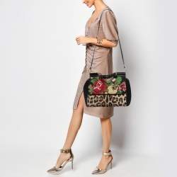 Pre Owned Dolce & Gabbana Multicolor Embroidered Crochet and Leather Large Miss Sicily Top Handle Bag