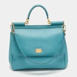 Pre Owned Dolce & Gabbana Light Blue Leather Large Miss Sicily Top Handle Bag