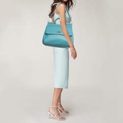 Pre Owned Dolce & Gabbana Light Blue Leather Large Miss Sicily Top Handle Bag