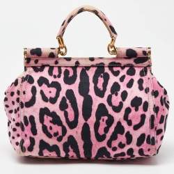Pre Owned Dolce & Gabbana Pink/Black Leopard Print Canvas Medium Miss Sicily Top Handle Bag
