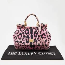 Pre Owned Dolce & Gabbana Pink/Black Leopard Print Canvas Medium Miss Sicily Top Handle Bag