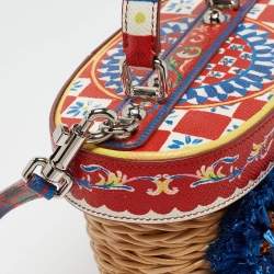Pre Owned Dolce & Gabbana Multicolor Printed Leather, Wicker and Raffia Embellished Top Handle Bag