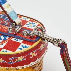 Pre Owned Dolce & Gabbana Multicolor Printed Leather, Wicker and Raffia Embellished Top Handle Bag