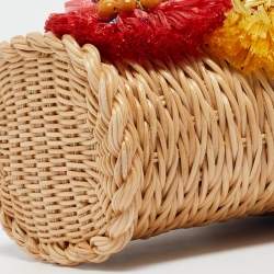 Pre Owned Dolce & Gabbana Multicolor Printed Leather, Wicker and Raffia Embellished Top Handle Bag