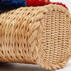 Pre Owned Dolce & Gabbana Multicolor Printed Leather, Wicker and Raffia Embellished Top Handle Bag