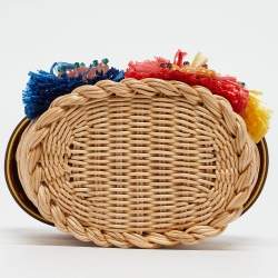 Pre Owned Dolce & Gabbana Multicolor Printed Leather, Wicker and Raffia Embellished Top Handle Bag