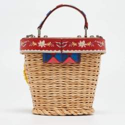 Pre Owned Dolce & Gabbana Multicolor Printed Leather, Wicker and Raffia Embellished Top Handle Bag