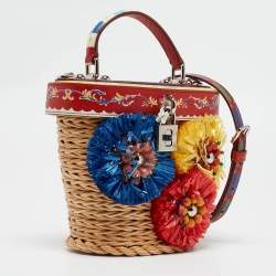 Pre Owned Dolce & Gabbana Multicolor Printed Leather, Wicker and Raffia Embellished Top Handle Bag