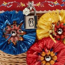 Pre Owned Dolce & Gabbana Multicolor Printed Leather, Wicker and Raffia Embellished Top Handle Bag