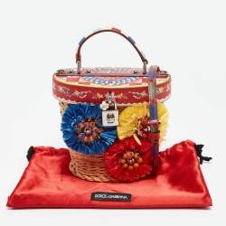 Pre Owned Dolce & Gabbana Multicolor Printed Leather, Wicker and Raffia Embellished Top Handle Bag