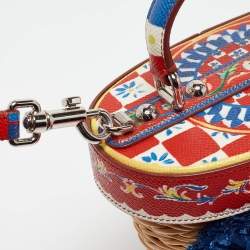Pre Owned Dolce & Gabbana Multicolor Printed Leather, Wicker and Raffia Embellished Top Handle Bag