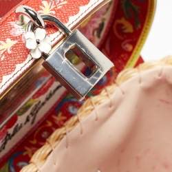 Pre Owned Dolce & Gabbana Multicolor Printed Leather, Wicker and Raffia Embellished Top Handle Bag
