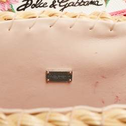 Pre Owned Dolce & Gabbana Multicolor Printed Leather, Wicker and Raffia Embellished Top Handle Bag