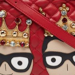 Pre Owned Dolce & Gabbana Red Leather Glam Embellished Camera Bag