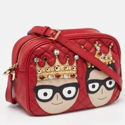 Pre Owned Dolce & Gabbana Red Leather Glam Embellished Camera Bag