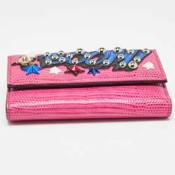 Pre Owned Dolce & Gabbana Pink Lizard Embossed Leather Boom Patch Trifold Wallet