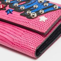 Pre Owned Dolce & Gabbana Pink Lizard Embossed Leather Boom Patch Trifold Wallet