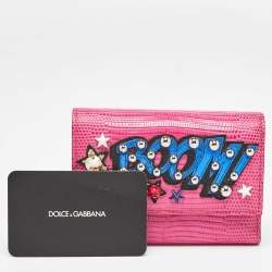 Pre Owned Dolce & Gabbana Pink Lizard Embossed Leather Boom Patch Trifold Wallet