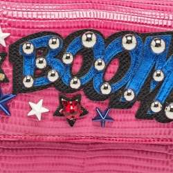 Pre Owned Dolce & Gabbana Pink Lizard Embossed Leather Boom Patch Trifold Wallet