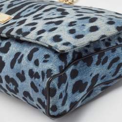 Pre Owned Dolce & Gabbana Blue/Black Leopard Print Denim Flap Shoulder Bag