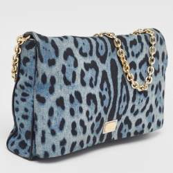 Pre Owned Dolce & Gabbana Blue/Black Leopard Print Denim Flap Shoulder Bag