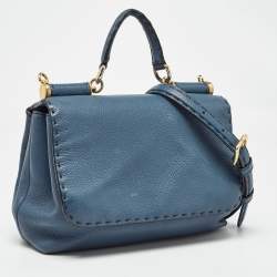Pre Owned Dolce & Gabbana Teal Leather Medium Stitched Sicily Top Handle Bag