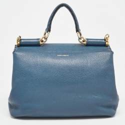 Pre Owned Dolce & Gabbana Teal Leather Medium Stitched Sicily Top Handle Bag