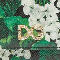 Dolce & Gabbana Green Floral Printed Leather DG Crystals Trifold Wallet