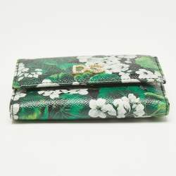 Dolce & Gabbana Green Floral Printed Leather DG Crystals Trifold Wallet