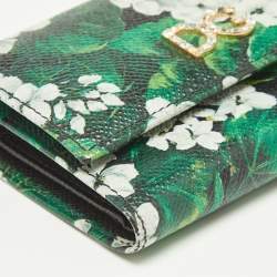 Dolce & Gabbana Green Floral Printed Leather DG Crystals Trifold Wallet