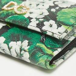 Dolce & Gabbana Green Floral Printed Leather DG Crystals Trifold Wallet