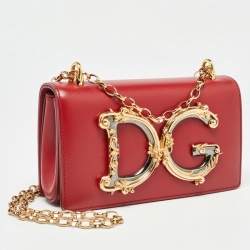 Pre Owned Dolce & Gabbana Red Leather DG Girls Phone Bag