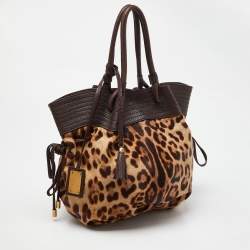 Pre Owned Dolce & Gabbana Brown Leopard Calf Hair and Leather Drawstring Hobo