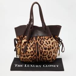 Pre Owned Dolce & Gabbana Brown Leopard Calf Hair and Leather Drawstring Hobo