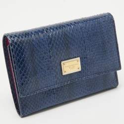Pre Owned Dolce & Gabbana Blue Watersnake Leather Logo Trifold Wallet