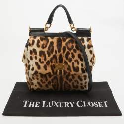 Pre Owned Dolce & Gabbana Brown/Beige Leopard Print Calfhair and Leather Medium Sicily Top Handle Bag