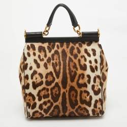 Pre Owned Dolce & Gabbana Brown/Beige Leopard Print Calfhair and Leather Medium Sicily Top Handle Bag
