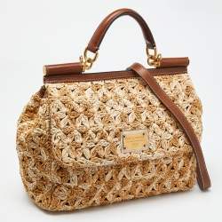 Pre Owned Dolce & Gabbana Beige/Brown Crochet Raffia and Leather Large Miss Sicily Top Handle Bag 