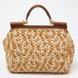 Pre Owned Dolce & Gabbana Beige/Brown Crochet Raffia and Leather Large Miss Sicily Top Handle Bag 