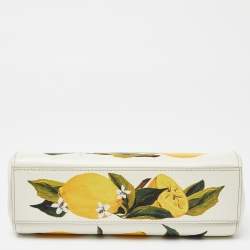 Pre Owned Dolce & Gabbana Off White/Yellow Lemon Print Leather Small Miss Sicily Top Handle Bag