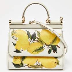 Pre Owned Dolce & Gabbana Off White/Yellow Lemon Print Leather Small Miss Sicily Top Handle Bag