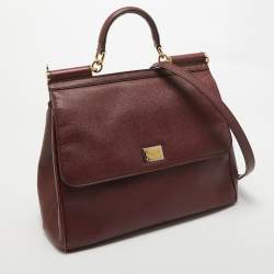 Pre Owned Dolce & Gabbana Burgundy Leather Large Miss Sicily Top Handle Bag
