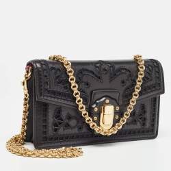 Pre Owned Dolce & Gabbana Black Leather Embroidered Lucia Wallet On Chain