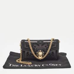 Pre Owned Dolce & Gabbana Black Leather Embroidered Lucia Wallet On Chain