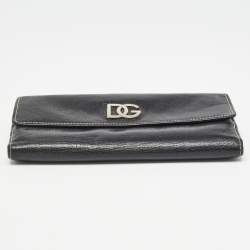 Pre Owned Dolce & Gabbana Black Leather Logo Tri Fold Continental Wallet