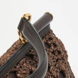 Pre Owned Dolce & Gabbana Dark Brown Crochet Raffia Large Miss Sicily Top Handle Bag